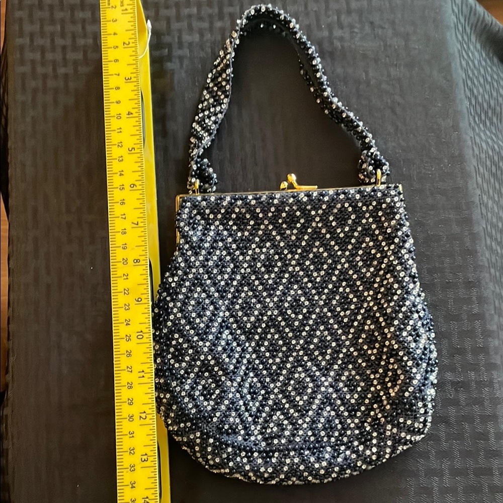 Elegant Beaded Clutch in Navy and White